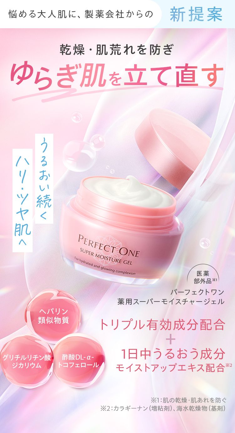 悩める大人肌に、製薬会社からの新提案。乾燥・肌荒れを防ぎ、ゆらぎ肌を立て直す。パーフェクトワン 薬用スーパーモイスチャージェル